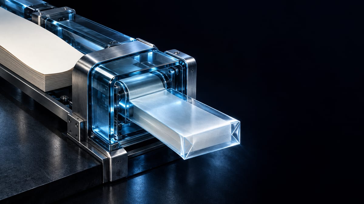 Illustration conceptuelle : feuille vierge traversant un conduit bleu transparent.