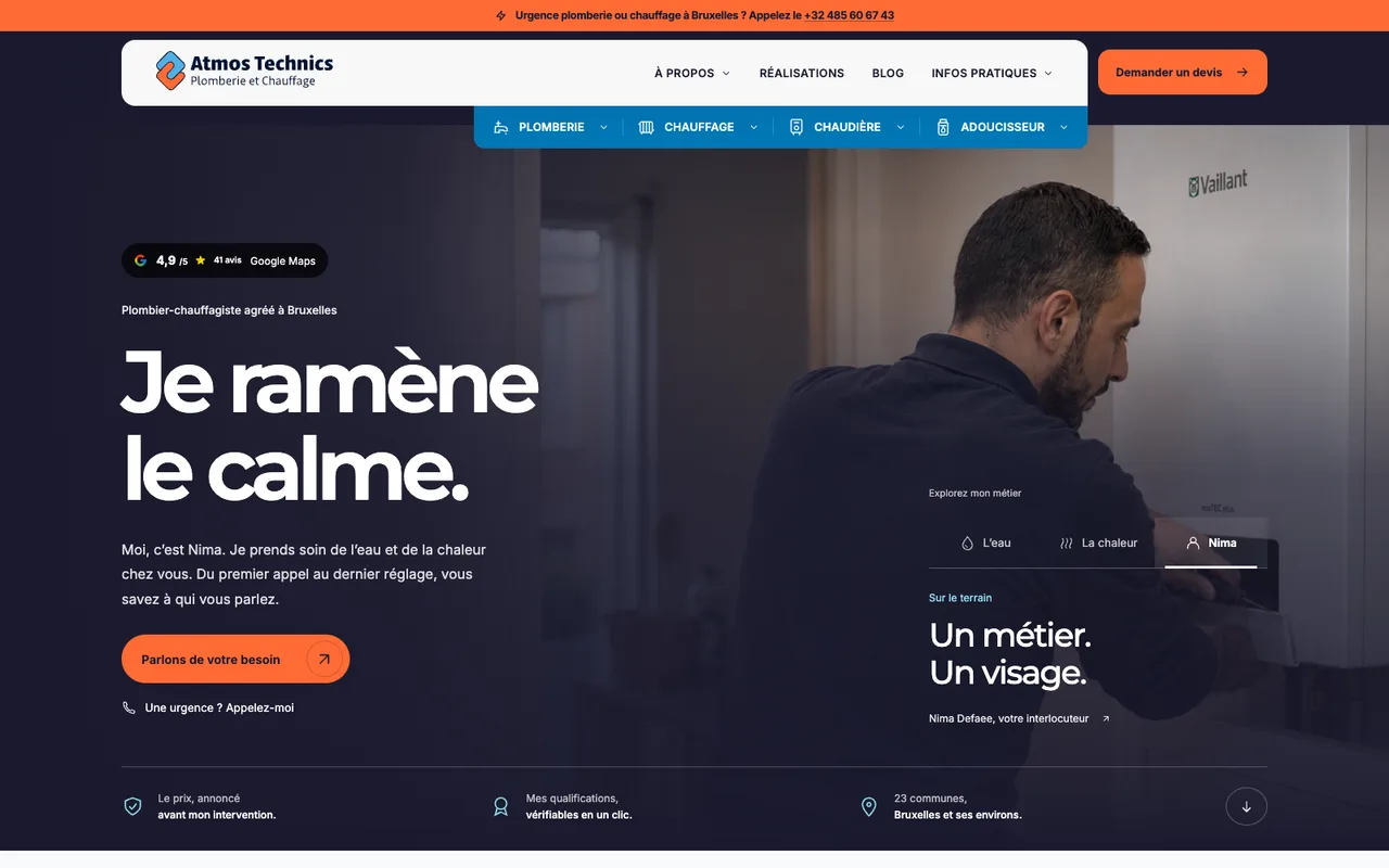 Accueil d’Atmos Technics, photographie du chauffagiste et accès au diagnostic