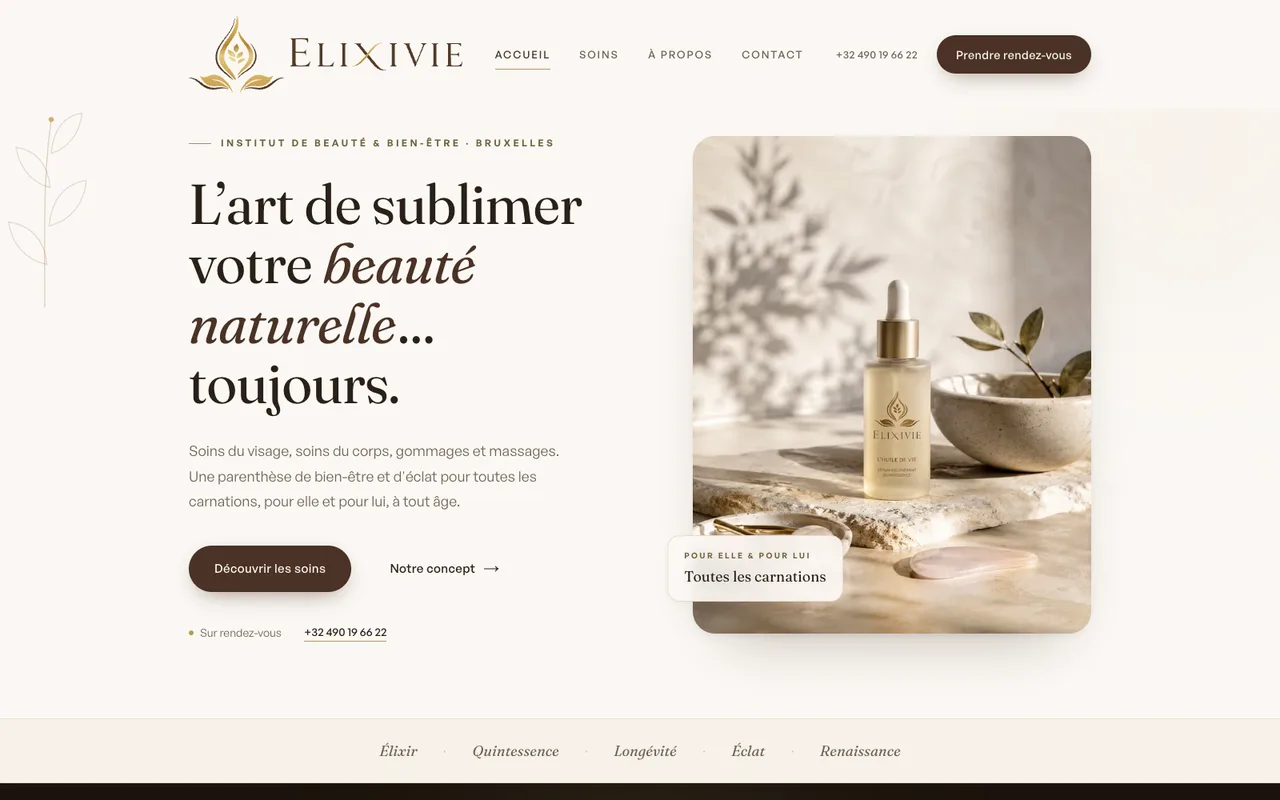 Accueil d’Elixivie, identité claire et présentation des soins de beauté et de bien-être