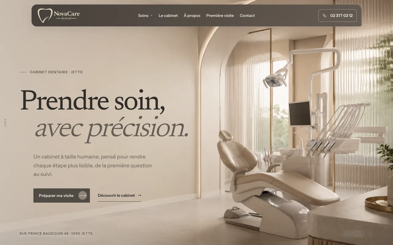 Accueil de NovaCare Dental, composition beige avec photographie du cabinet et présentation des soins