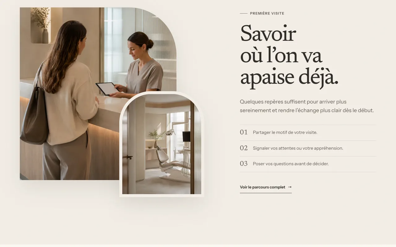 NovaCare Dental: reassuring patients before the first visit. Screenshot of the public section.