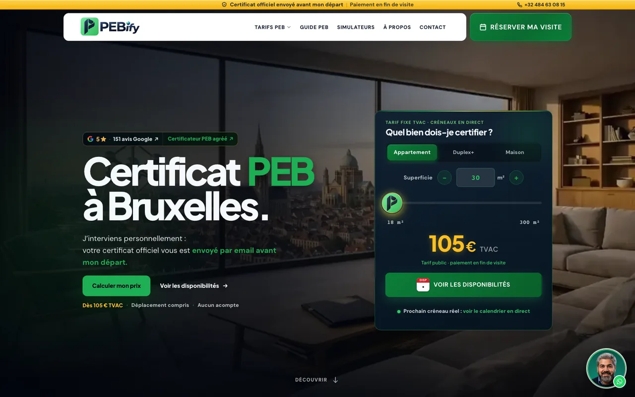 Accueil de PEBify avec présentation du certificat PEB et calculateur de tarif