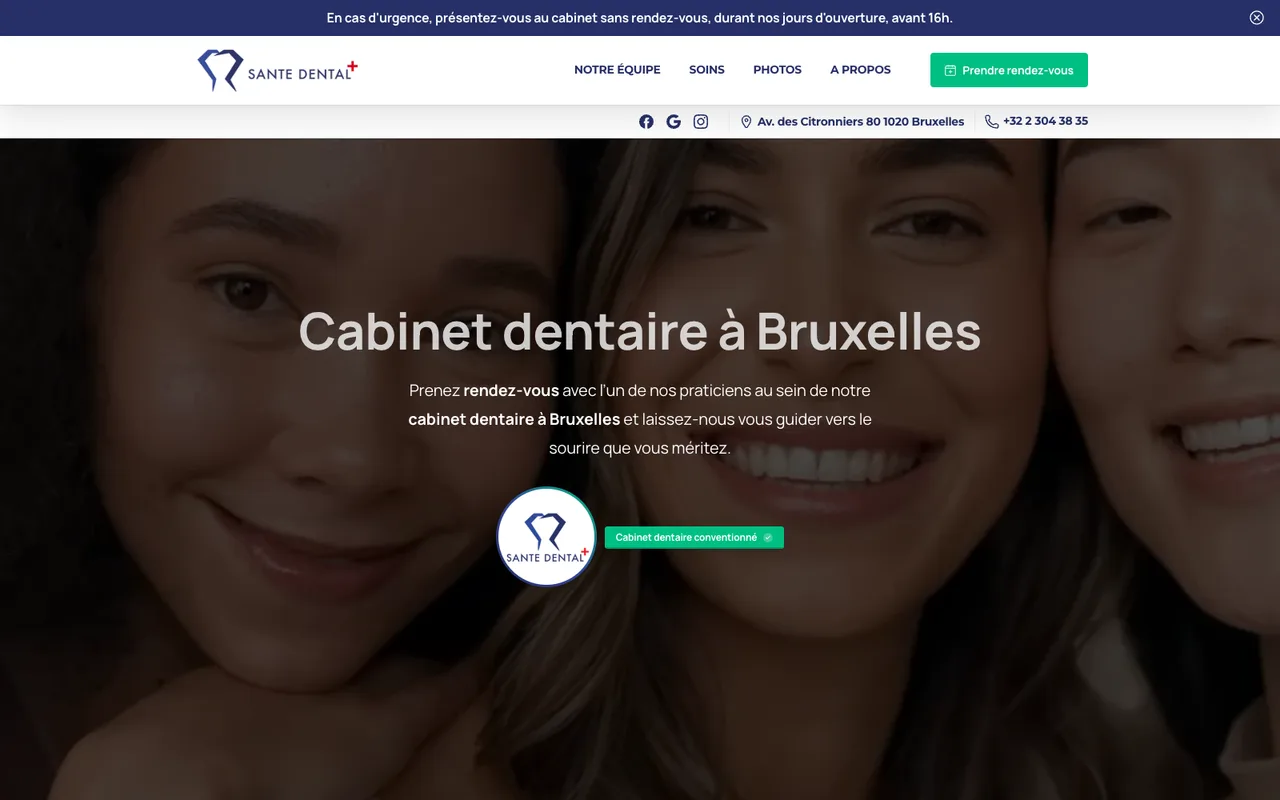 Accueil de Santé Dental avec logo, navigation complète et présentation de la clinique