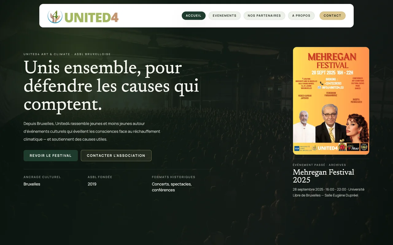 Accueil de United4 avec présentation de l’association et affiche originale du Mehregan Festival
