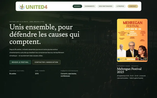 United4 homepage with presentation of the association and original Mehregan Festival poster