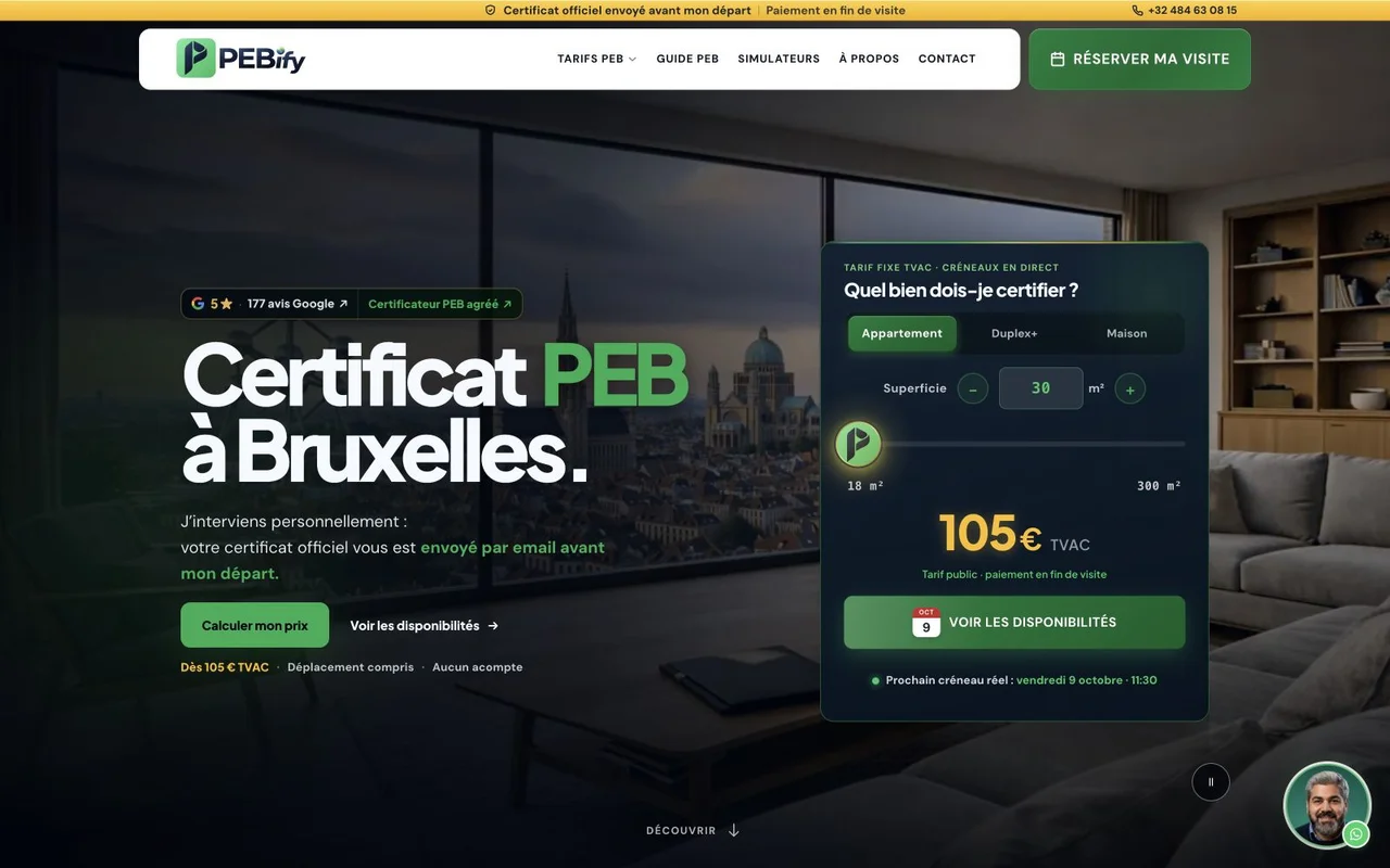 PEBify homepage with presentation of the PEB certificate and price calculator