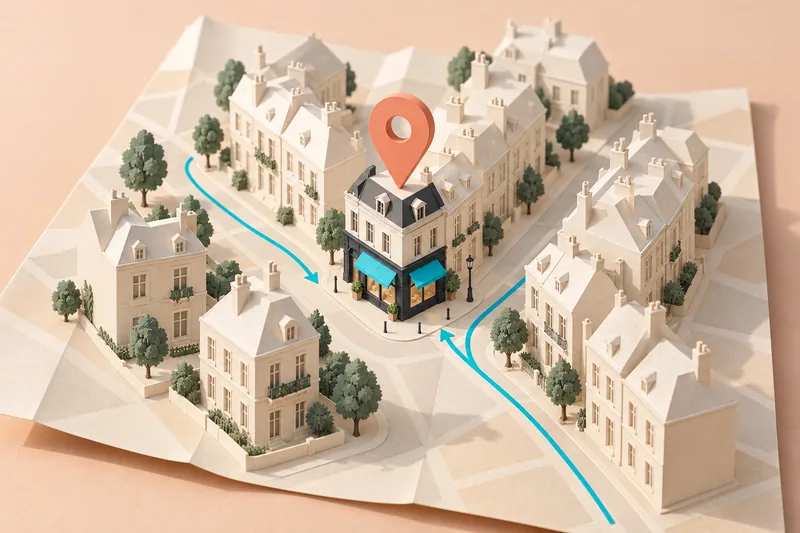 Illustrazione: un segnaposto corallo indica un negozio in un plastico di quartiere.