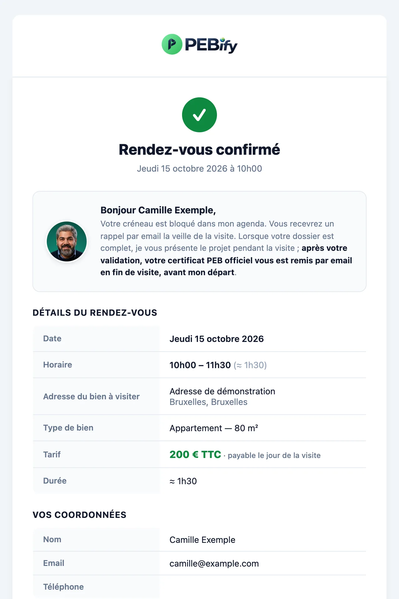 PEBify appointment confirmation