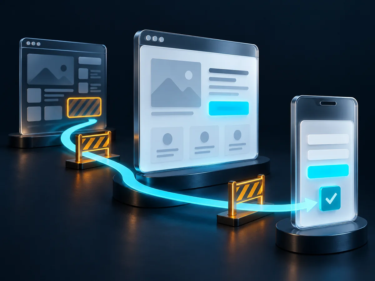 Illustrazione di un percorso web semplificato, dalla prima visita alla richiesta da mobile.