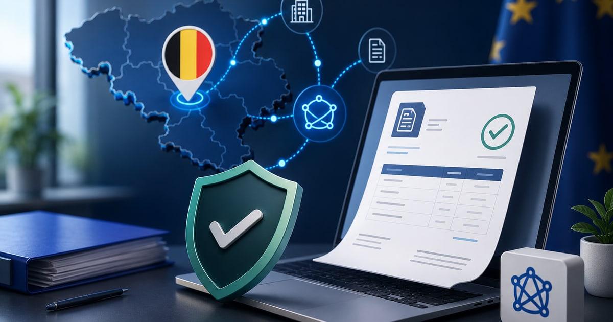 Facturation électronique B2B obligatoire en Belgique via le réseau Peppol : ordinateur portable affichant une facture structurée validée, carte de la Belgique connectée et bouclier de conformité, sur fond de drapeau européen.
